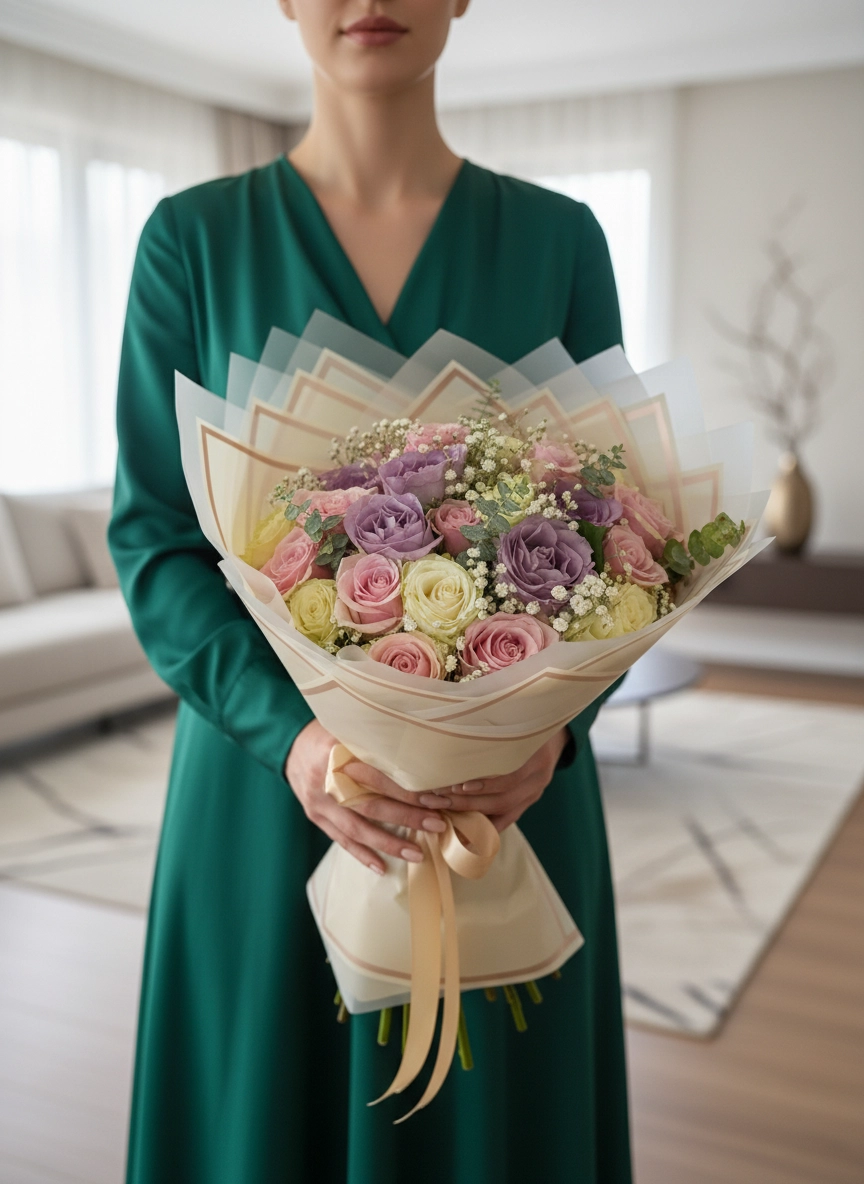 30’Lu İthal Lila Pembe Beyaz Gül Buketi