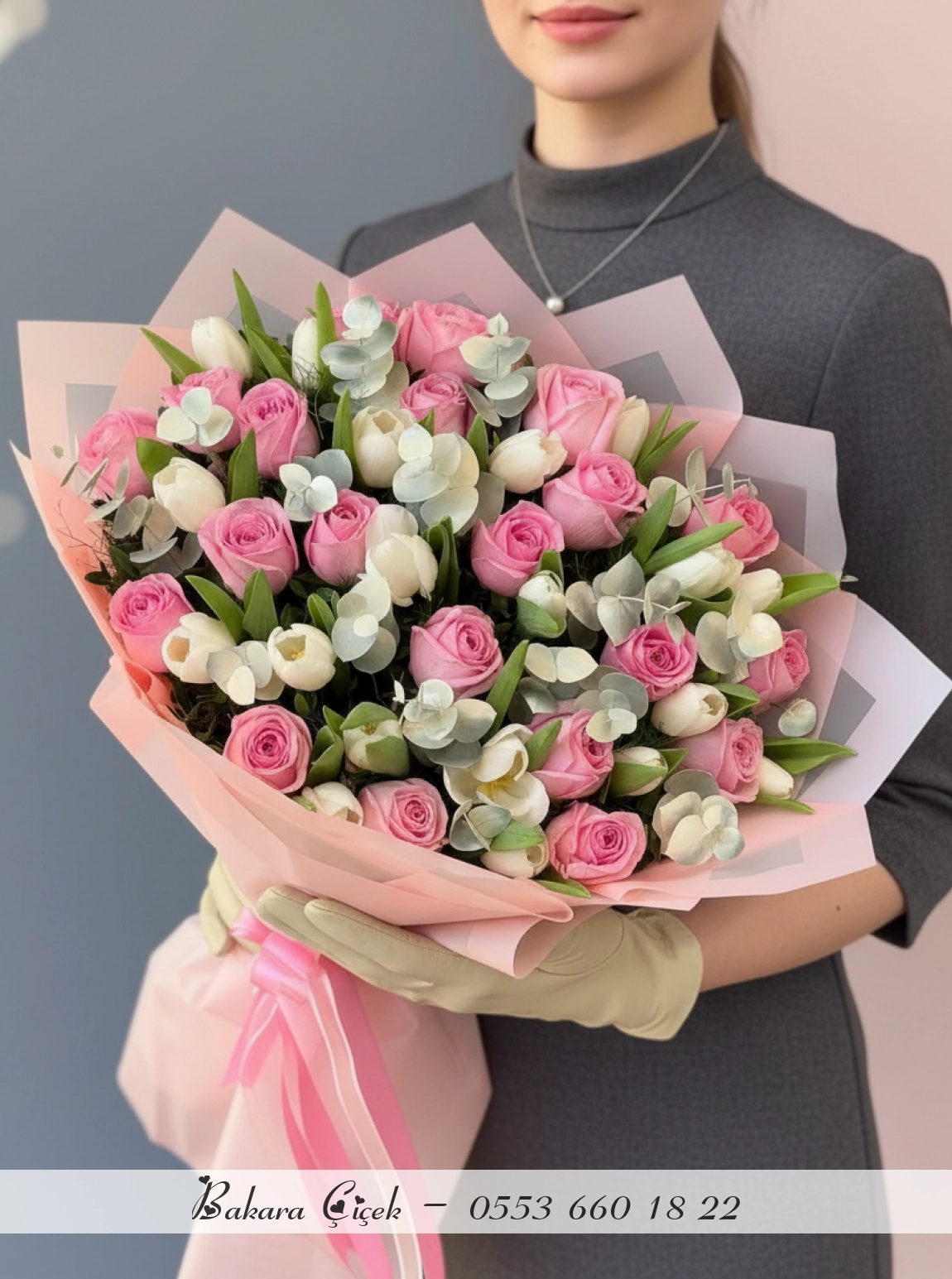 Beyaz Lale Ve Pembe Gül Buketi
