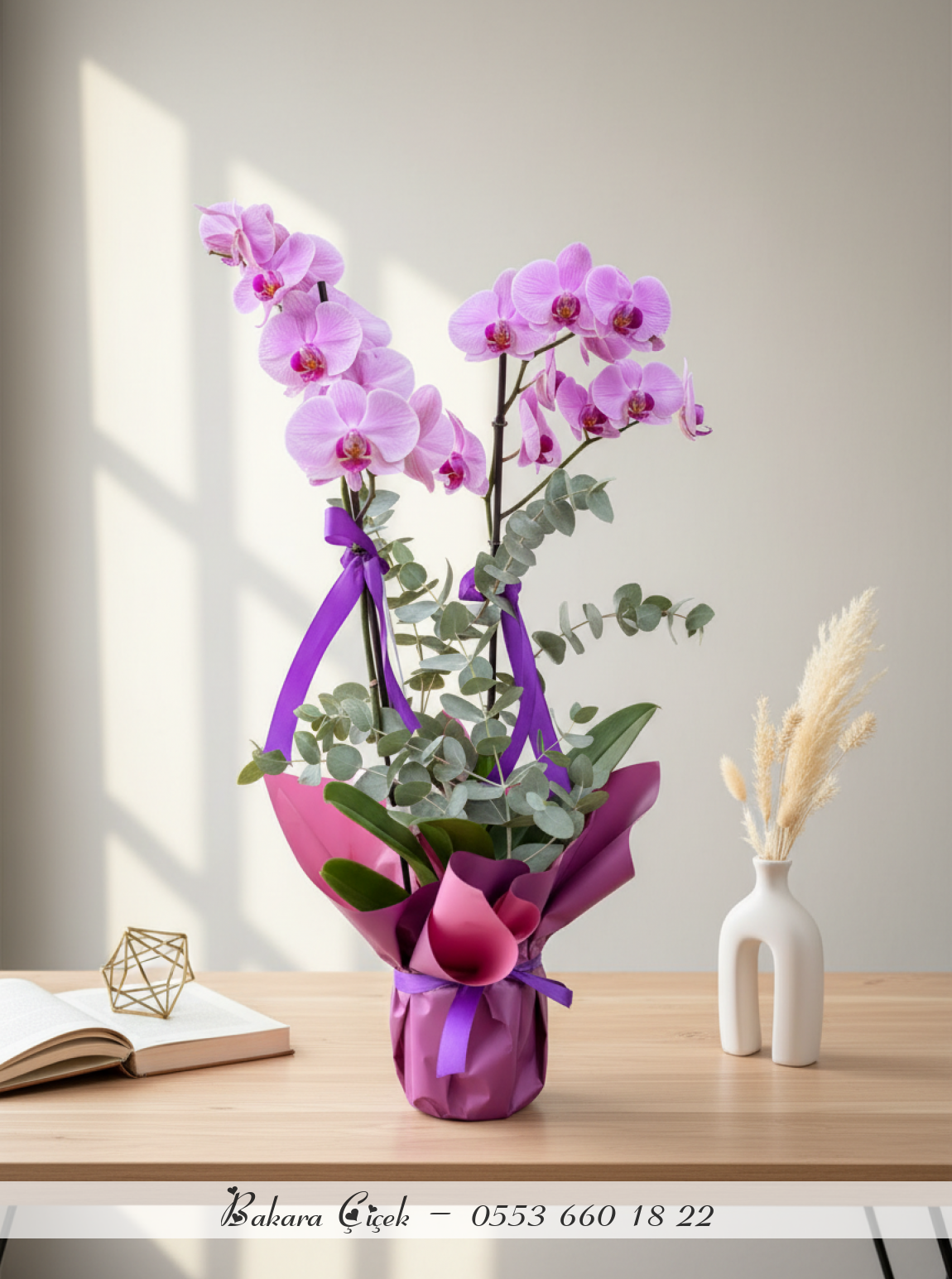 Çift Dallı Premium Pembe Orkide