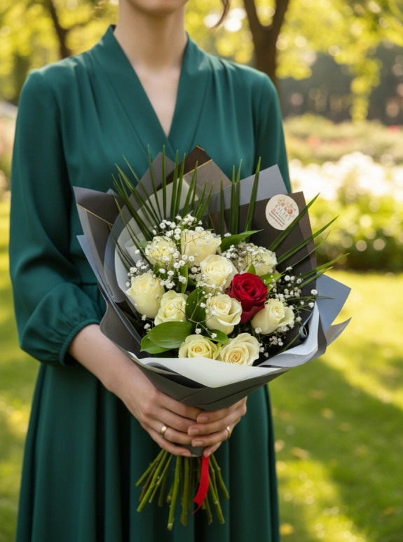 11’Li Beyaz Gül Buketi