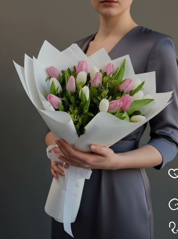 16 Adet Beyaz Ve Pembe Premium Lale Buketi