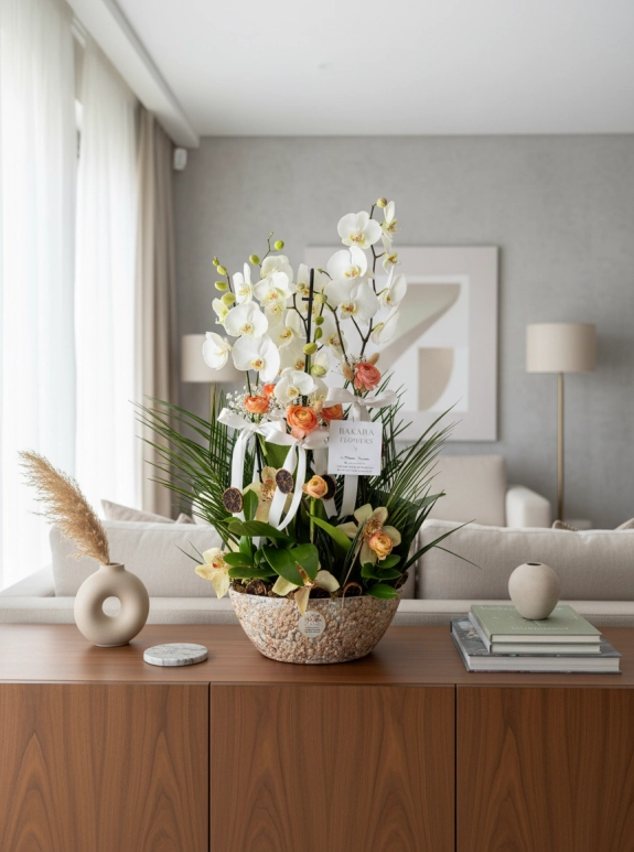 4 Dallı Beyaz Premium Orkide Aranjmanı