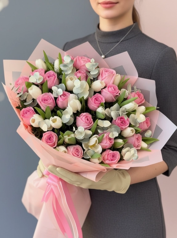 Beyaz Lale Ve Pembe Gül Buketi