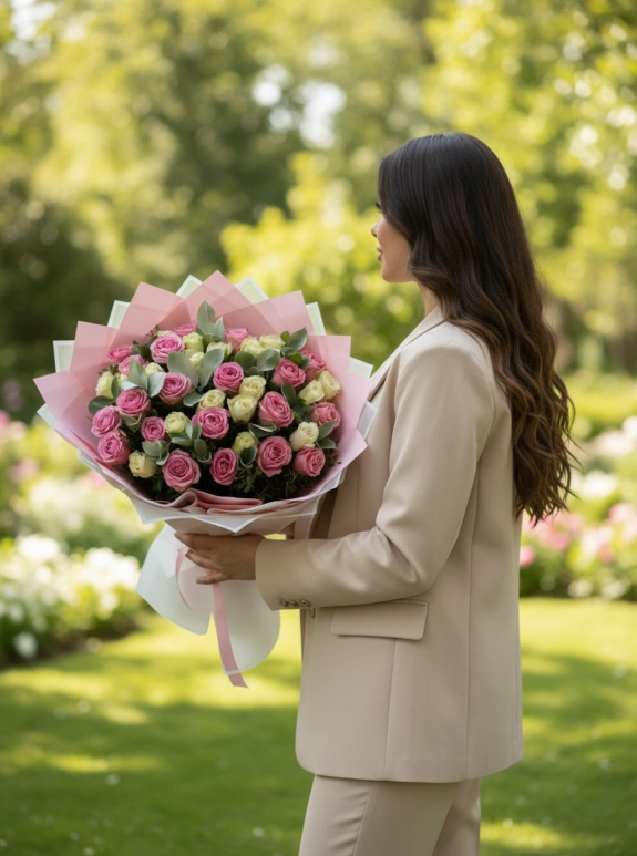 Beyaz Ve Pembe İthal Gül Buketi