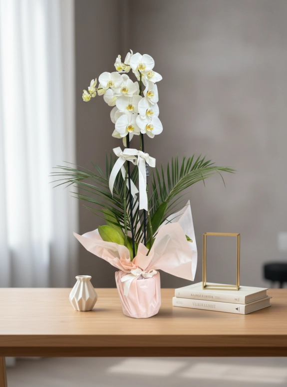 Çift Dallı  Premium Beyaz Orkide