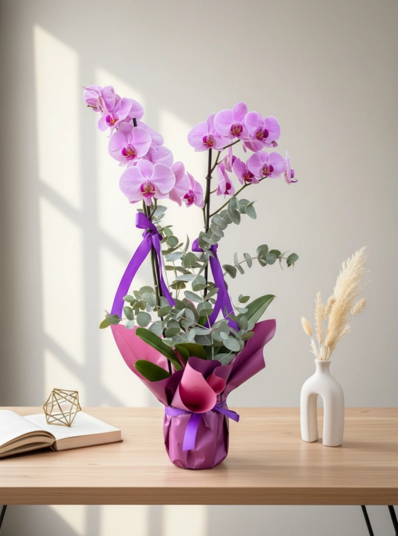Çift Dallı Premium Pembe Orkide
